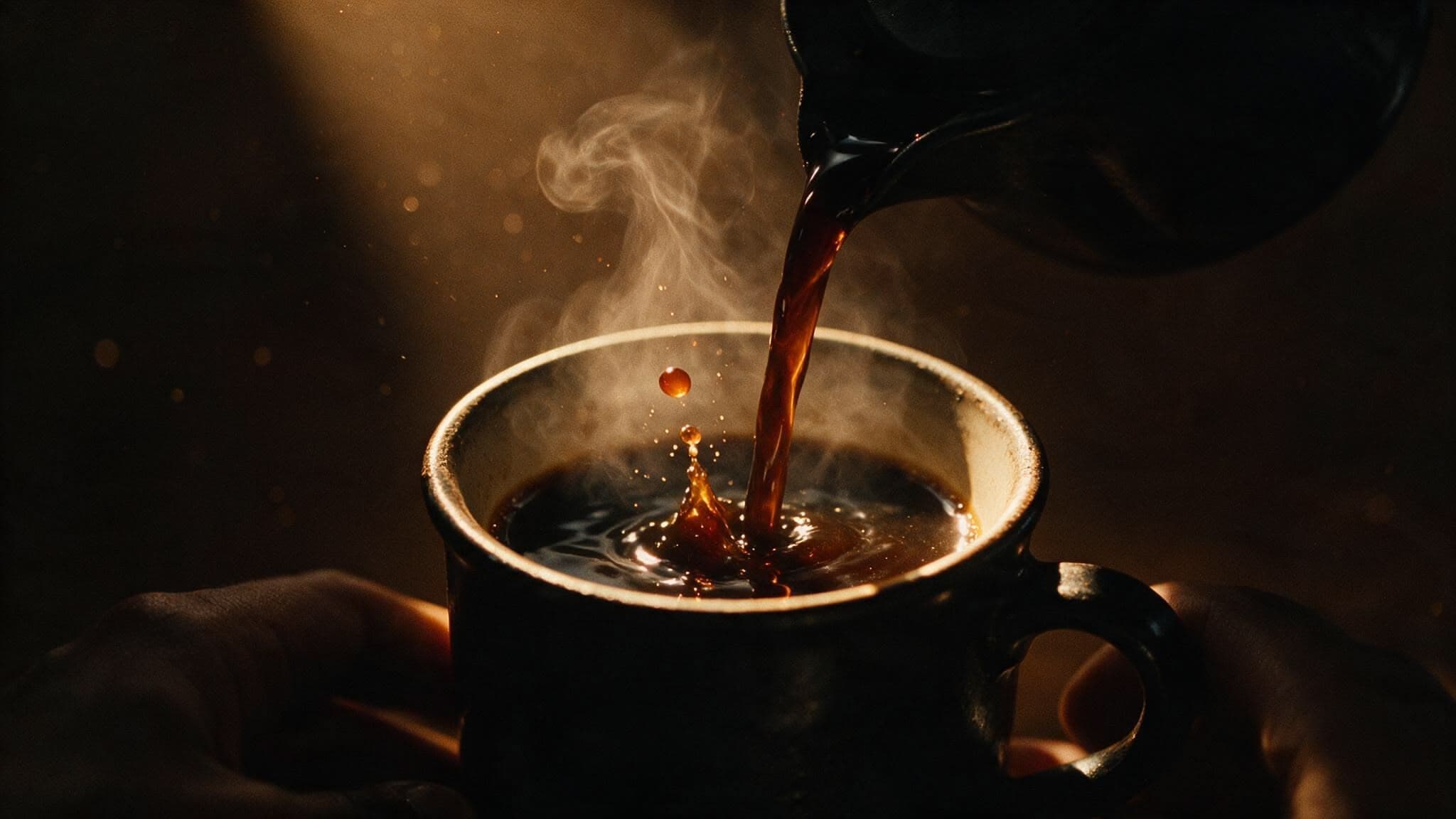Café sendo servido numa caneca, com vapor subindo